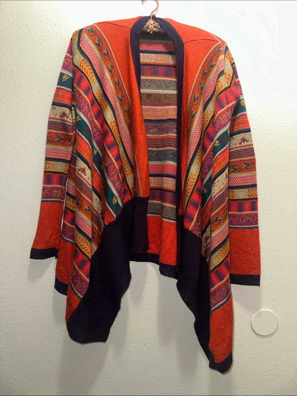 Boho Open-Front Orange Multicolor Knit Poncho Cardigan
